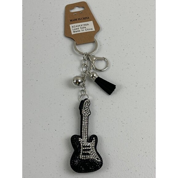 Rhinestone Guitar Keychain With Tassel & Silver Ball Charm Black, Silver - Picture 2 of 4